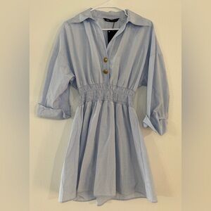 ZARA Size M Light Blue Shirt Dress Gold Buttons Smocked Waist 3/4 Sleeves NET